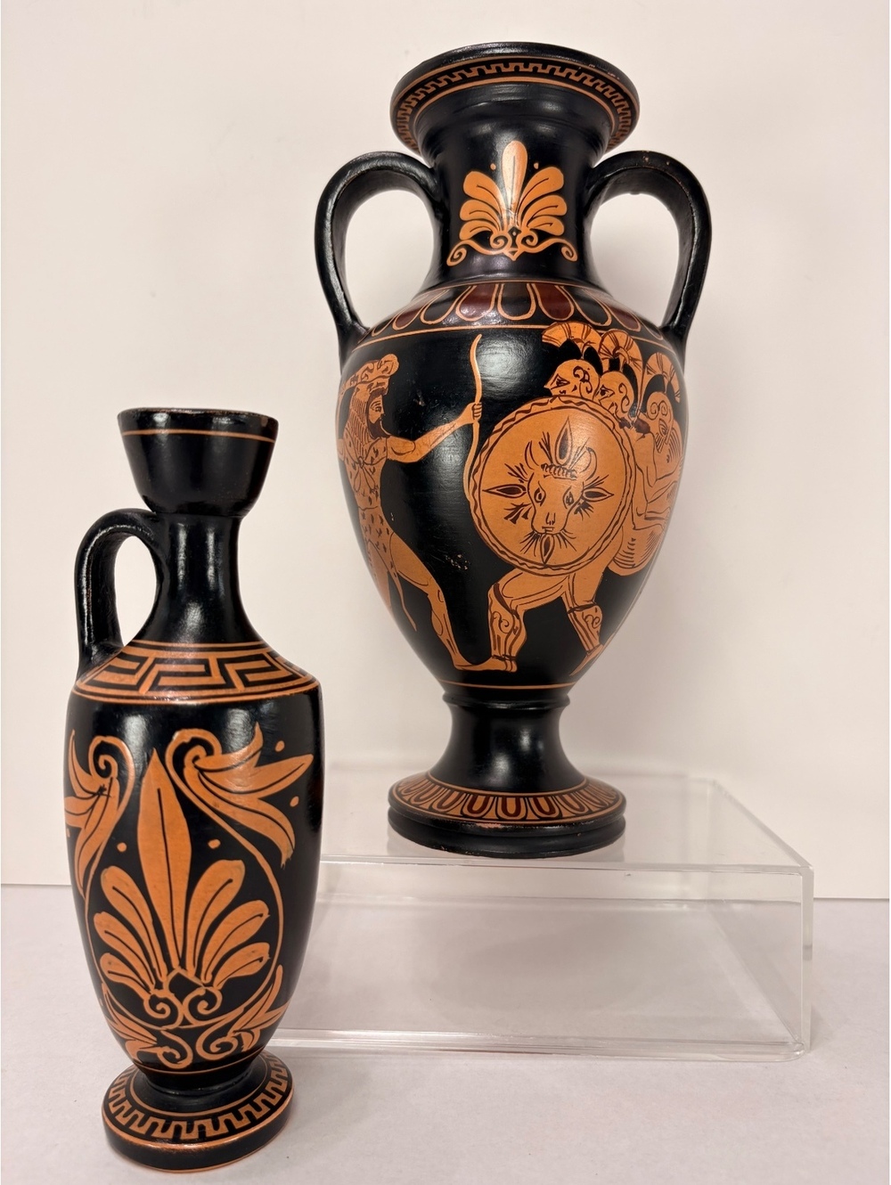 Vintage Greek Hand-Painted Pottery Vase Set, 2 Pc